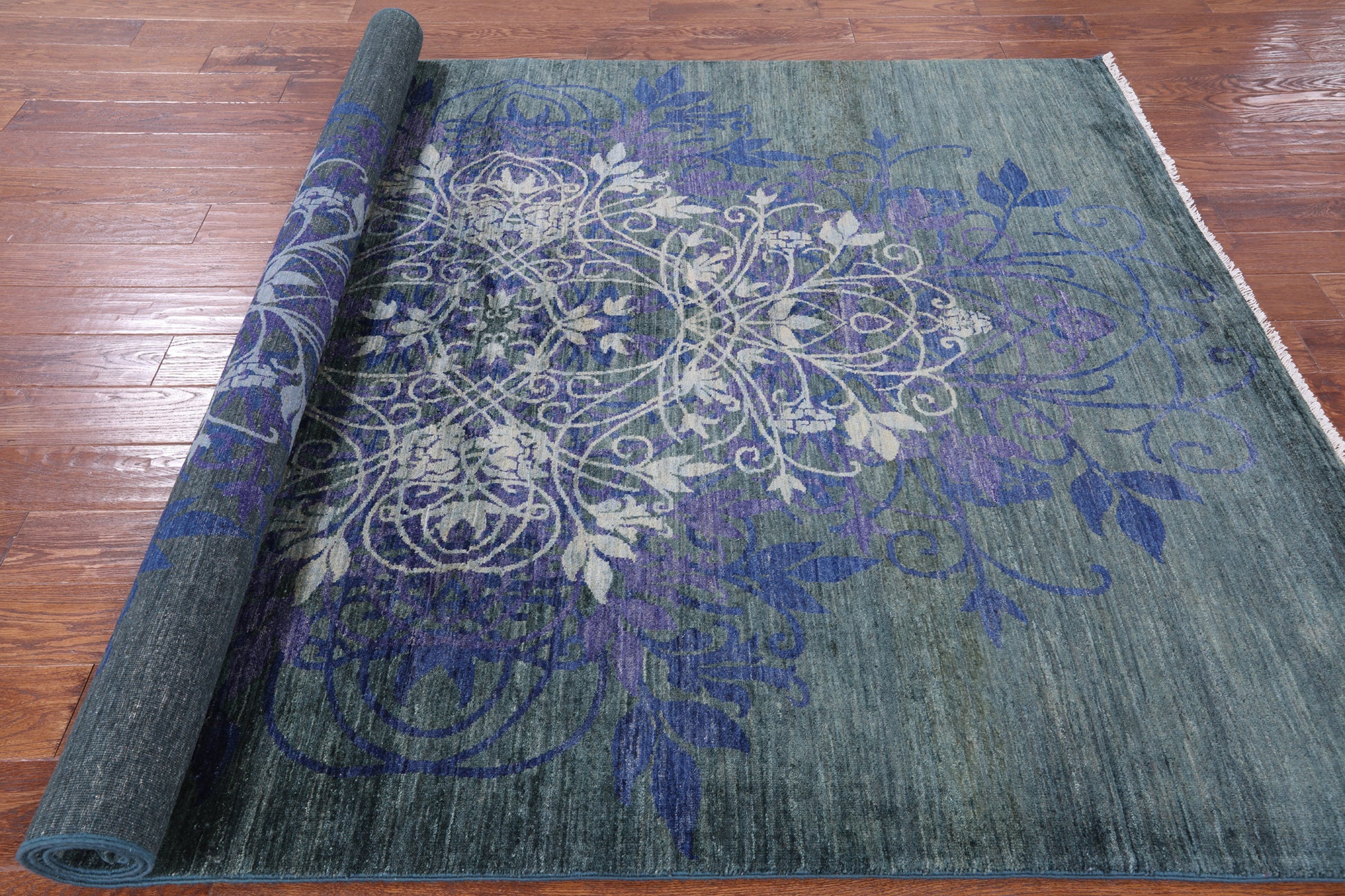 Green William Morris Handmade Wool Rug - 6' 2" X 8' 7" - Golden Nile
