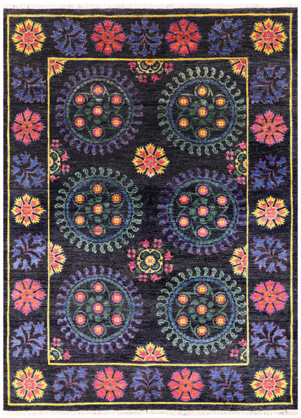 Black William Morris Hand Knotted Wool Rug - 6' 2" X 7' 10" - Golden Nile
