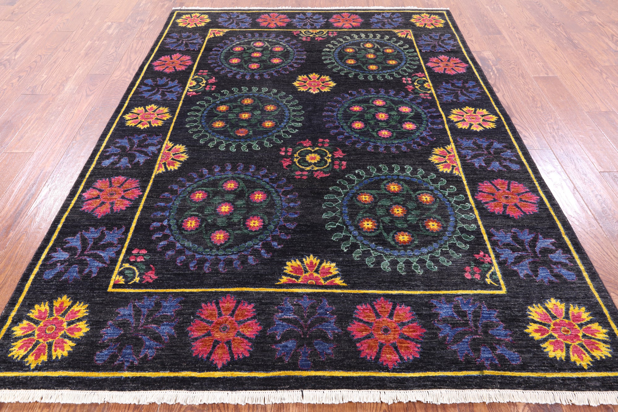 Black William Morris Hand Knotted Wool Rug - 6' 2" X 7' 10" - Golden Nile