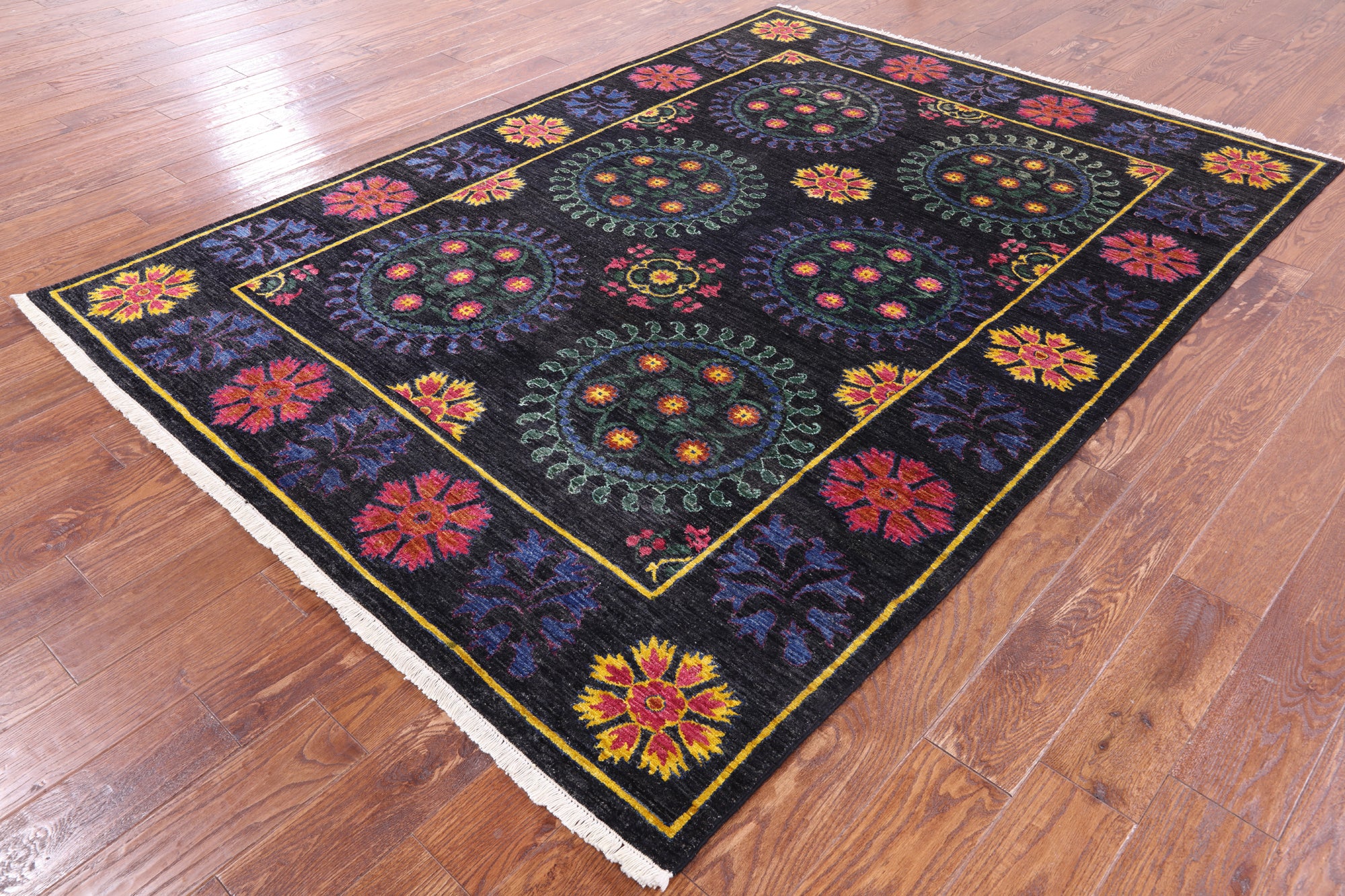 Black William Morris Hand Knotted Wool Rug - 6' 2" X 7' 10" - Golden Nile