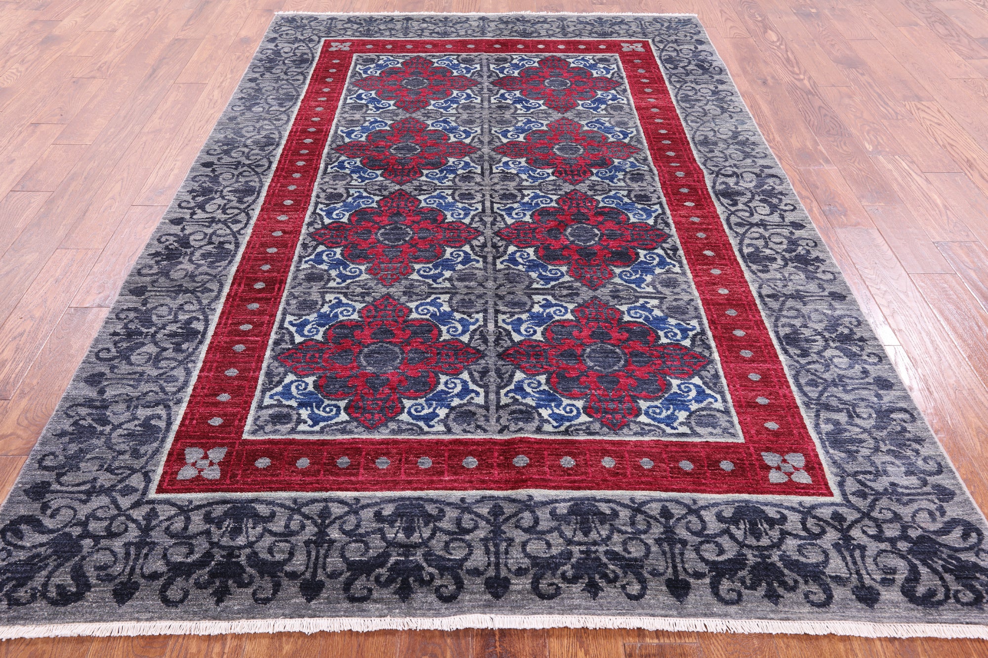 Grey William Morris Handmade Wool Rug - 6' 2" X 9' 1" - Golden Nile