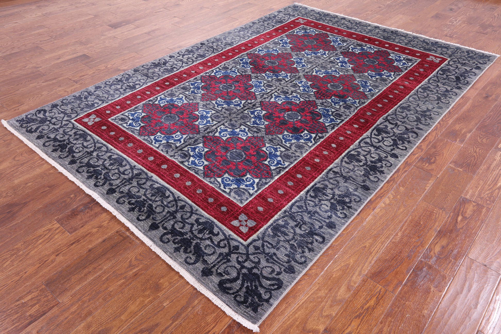Grey William Morris Handmade Wool Rug - 6' 2" X 9' 1" - Golden Nile