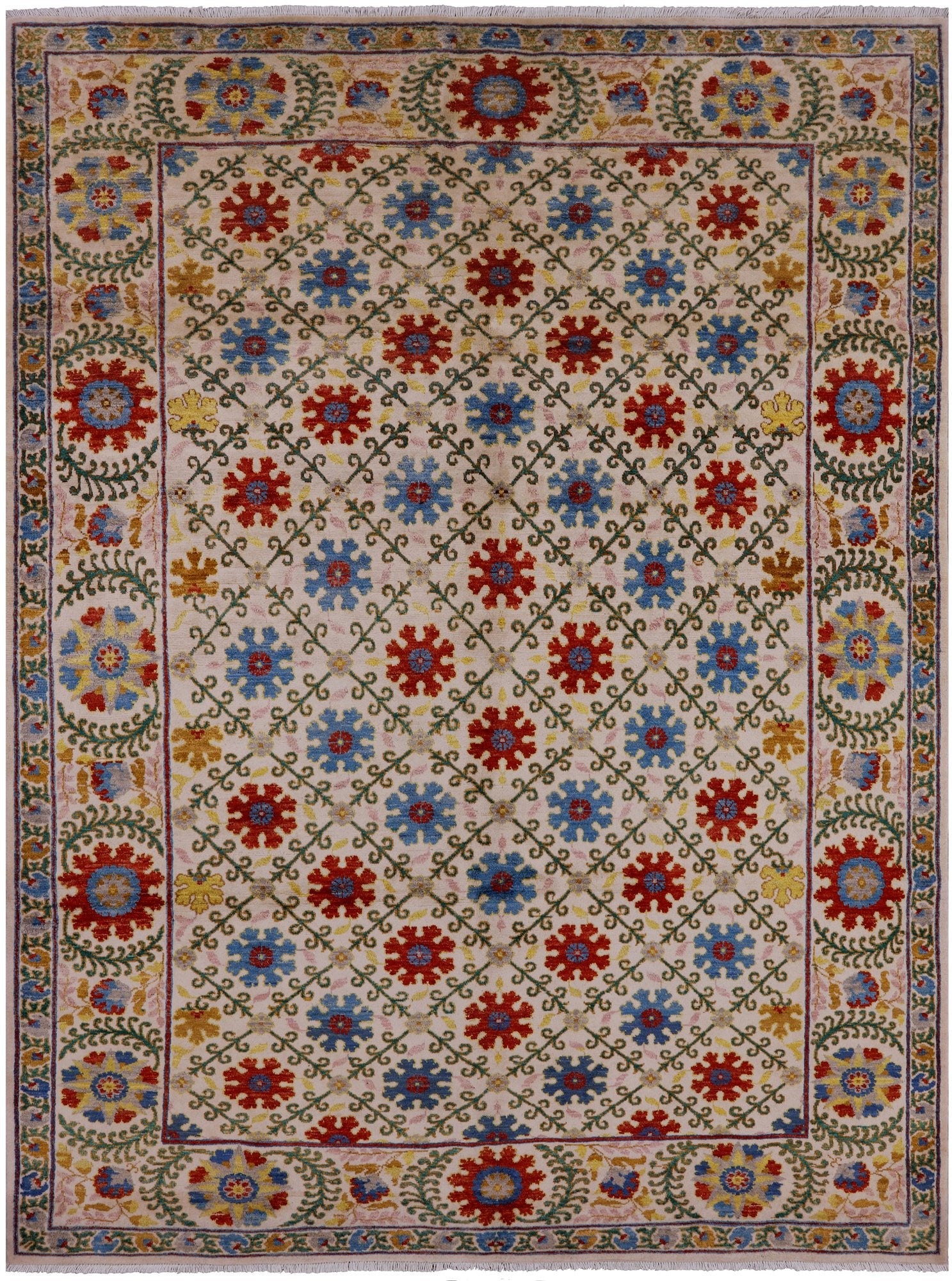 Ivory William Morris Hand Knotted Wool Rug - 6' 3" X 8' 4" - Golden Nile