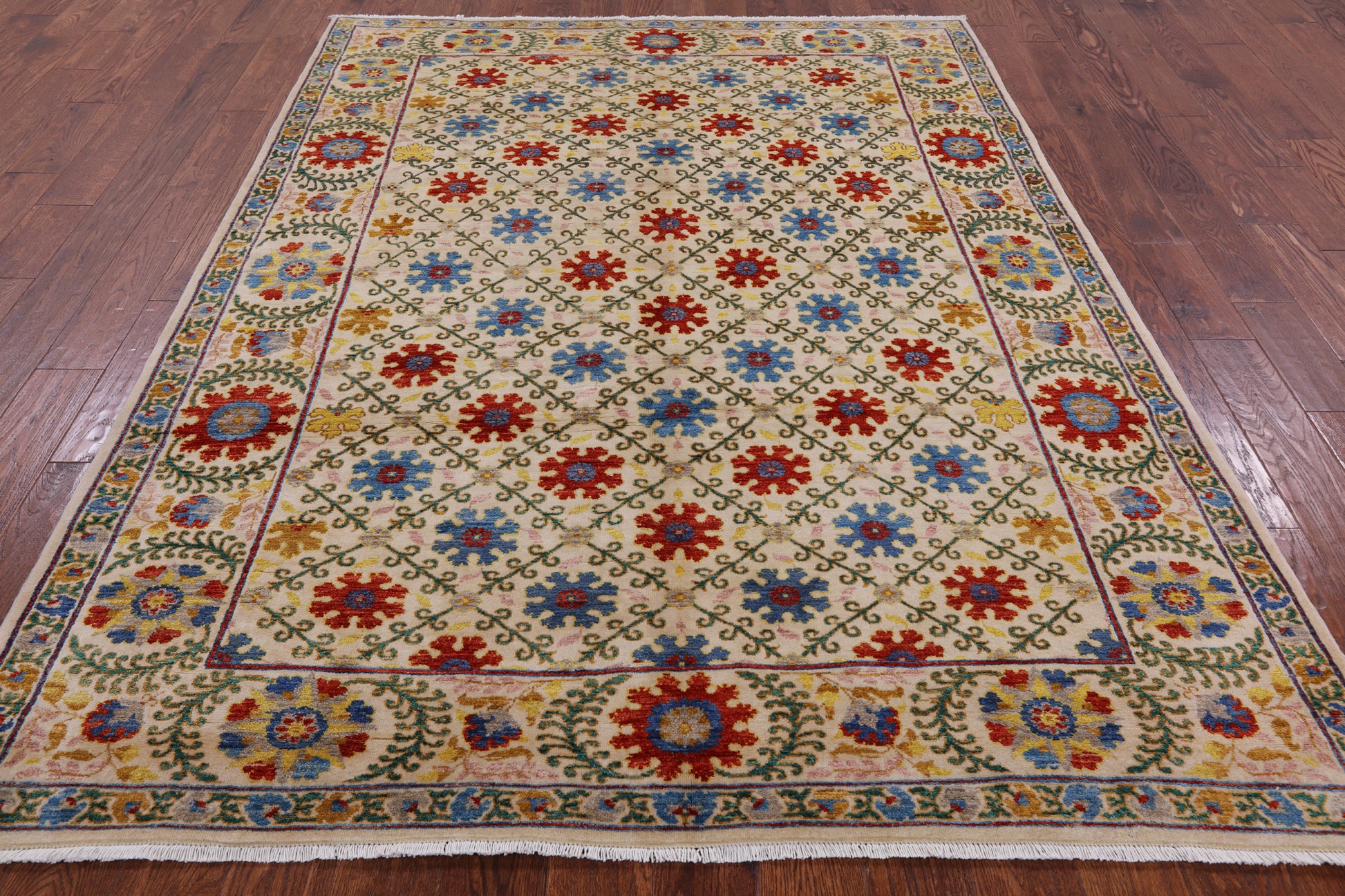 Ivory William Morris Hand Knotted Wool Rug - 6' 3" X 8' 4" - Golden Nile