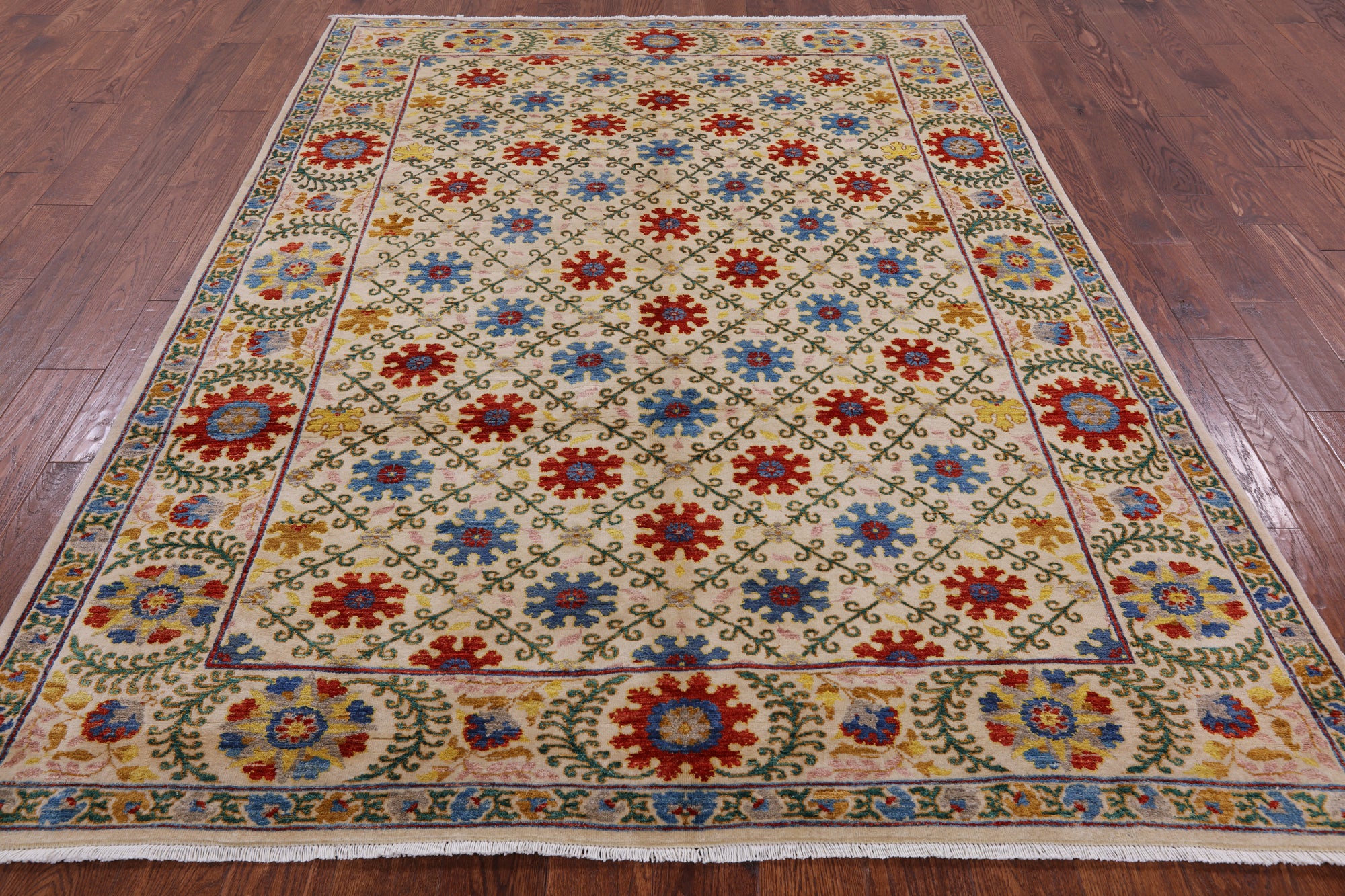 Ivory William Morris Hand Knotted Wool Rug - 6' 3" X 8' 4" - Golden Nile