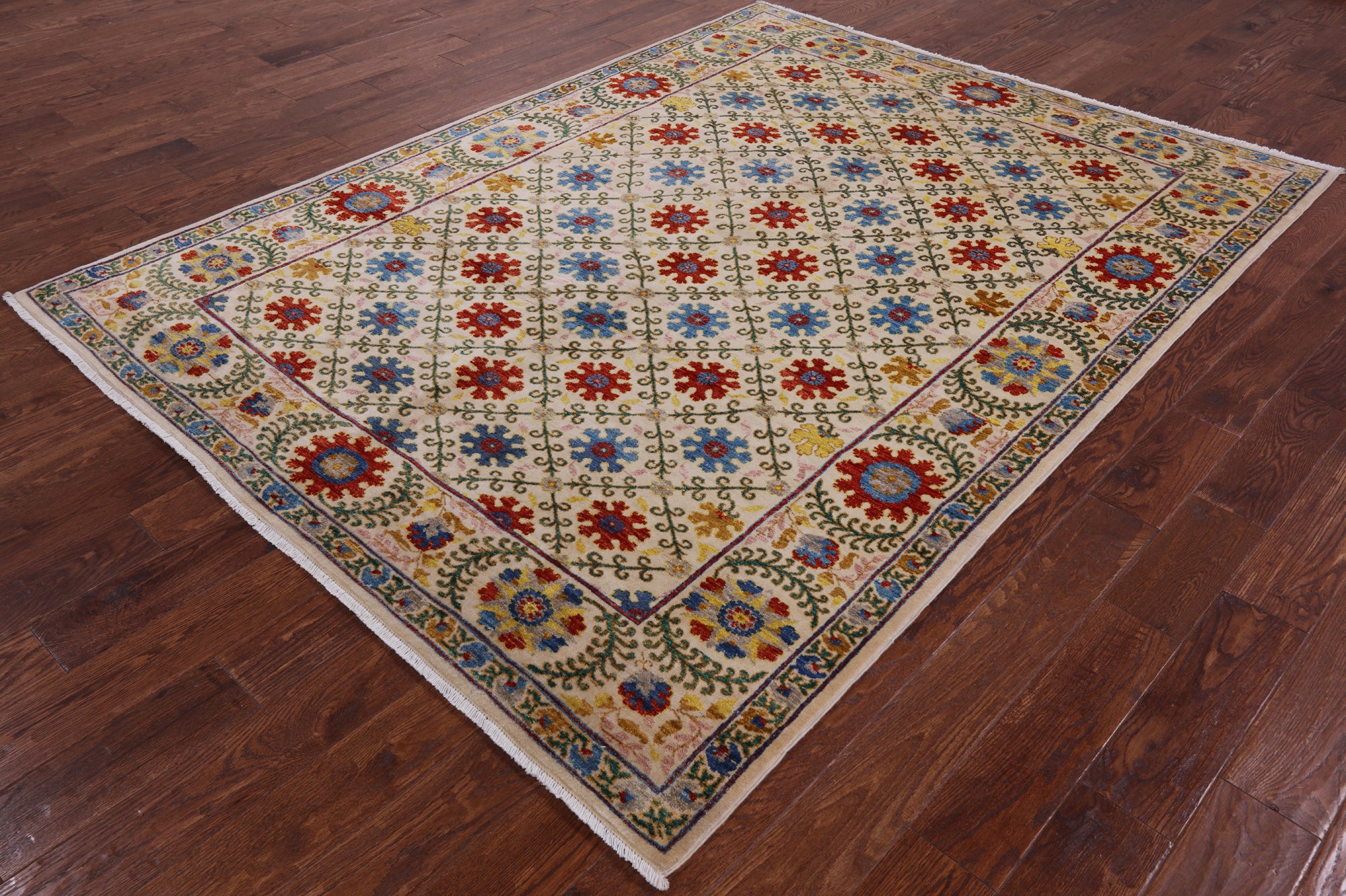 Ivory William Morris Hand Knotted Wool Rug - 6' 3" X 8' 4" - Golden Nile