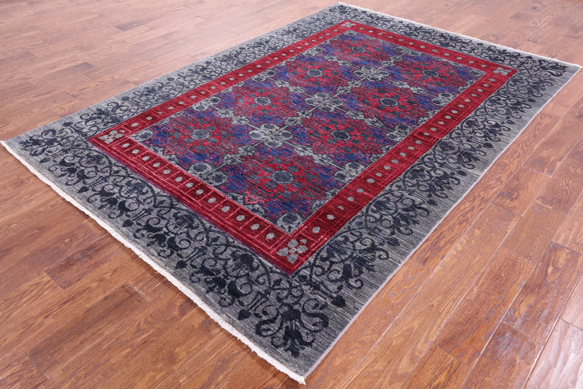 Grey William Morris Handmade Wool Rug - 5' 11" X 8' 9" - Golden Nile