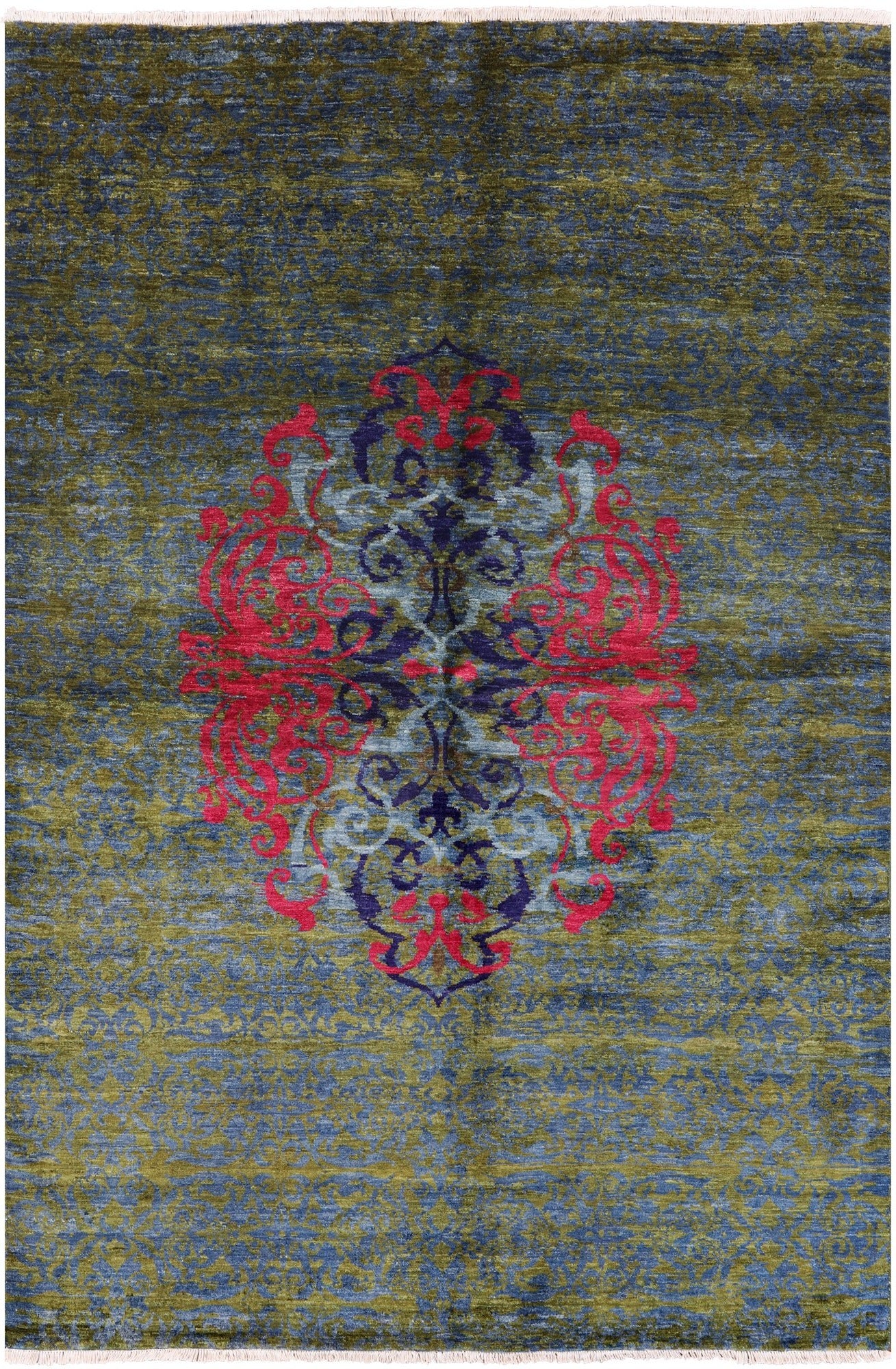 Green William Morris Hand Knotted Wool Rug - 5' 10" X 8' 3" - Golden Nile