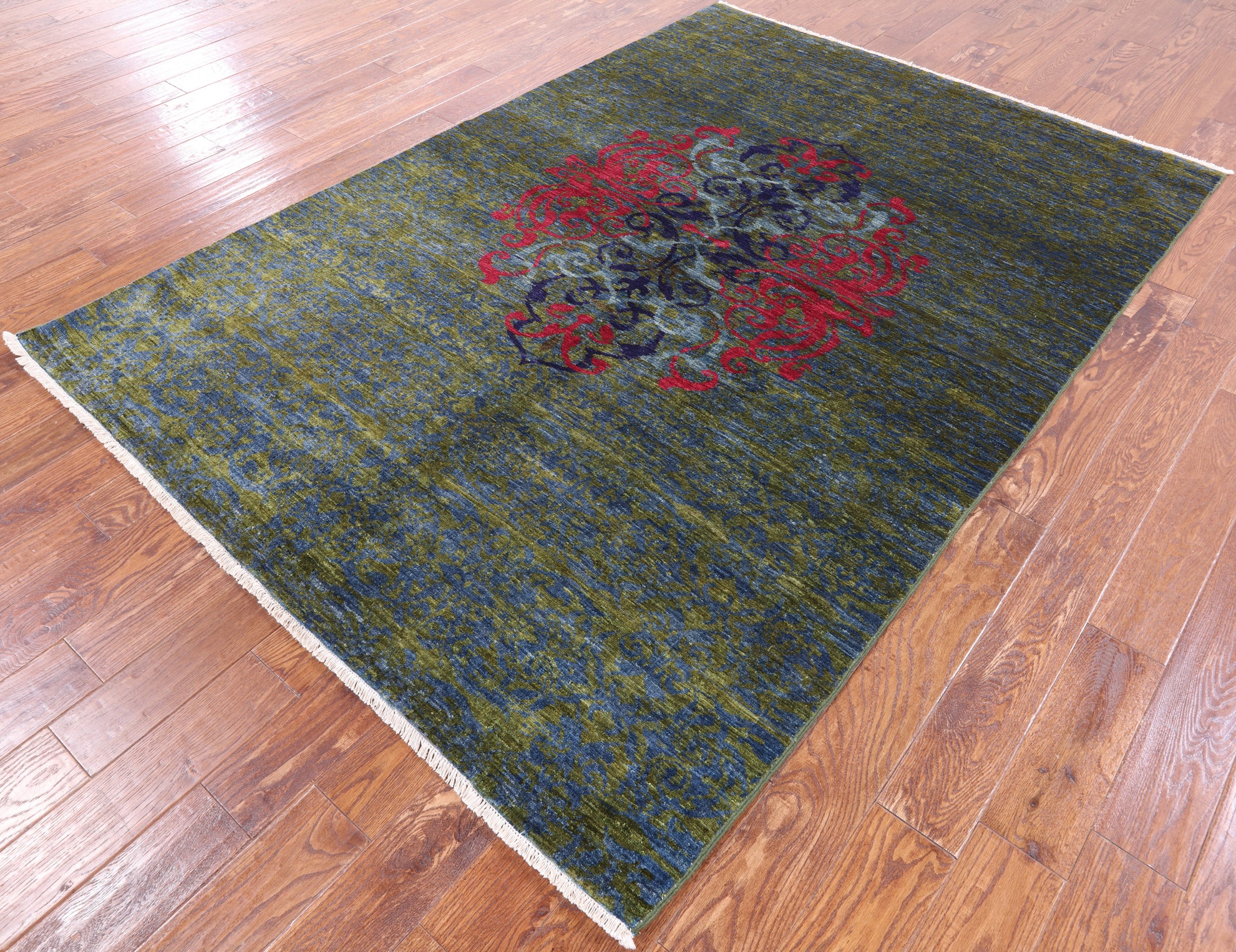 Green William Morris Hand Knotted Wool Rug - 5' 10" X 8' 3" - Golden Nile