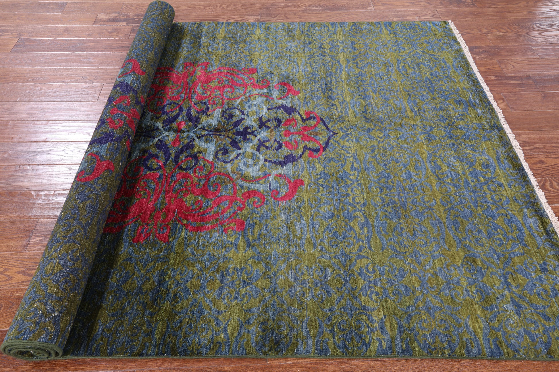 Green William Morris Hand Knotted Wool Rug - 5' 10" X 8' 3" - Golden Nile