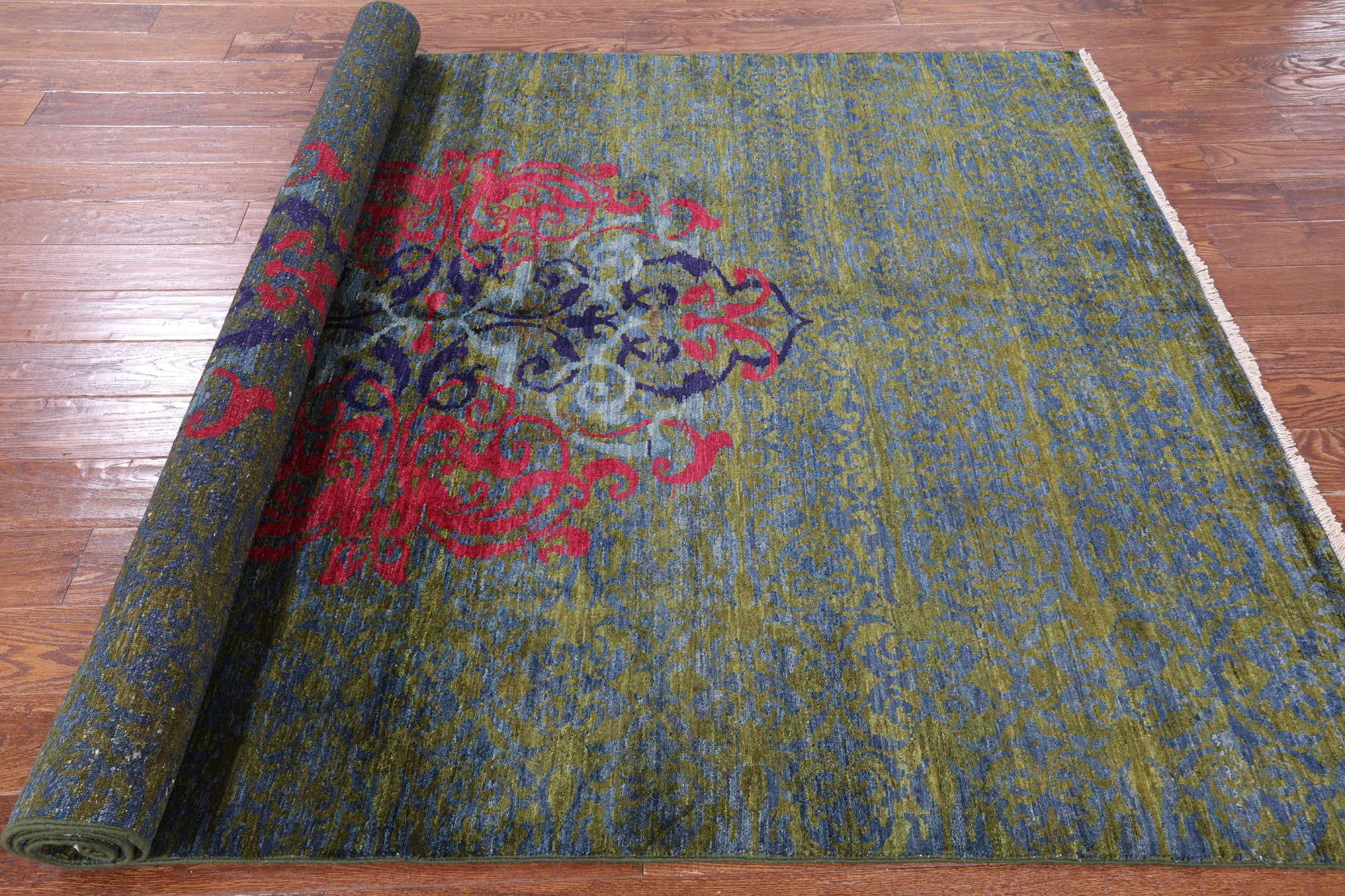 Green William Morris Hand Knotted Wool Rug - 5' 10" X 8' 3" - Golden Nile