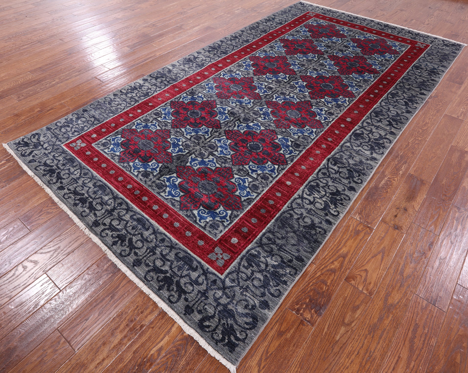 Grey William Morris Hand Knotted Wool Rug - 6' 0" X 11' 2" - Golden Nile
