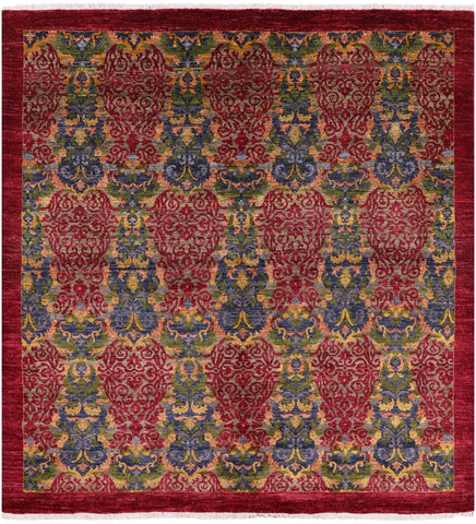 Red Square William Morris Handmade Wool Rug - 6' 1