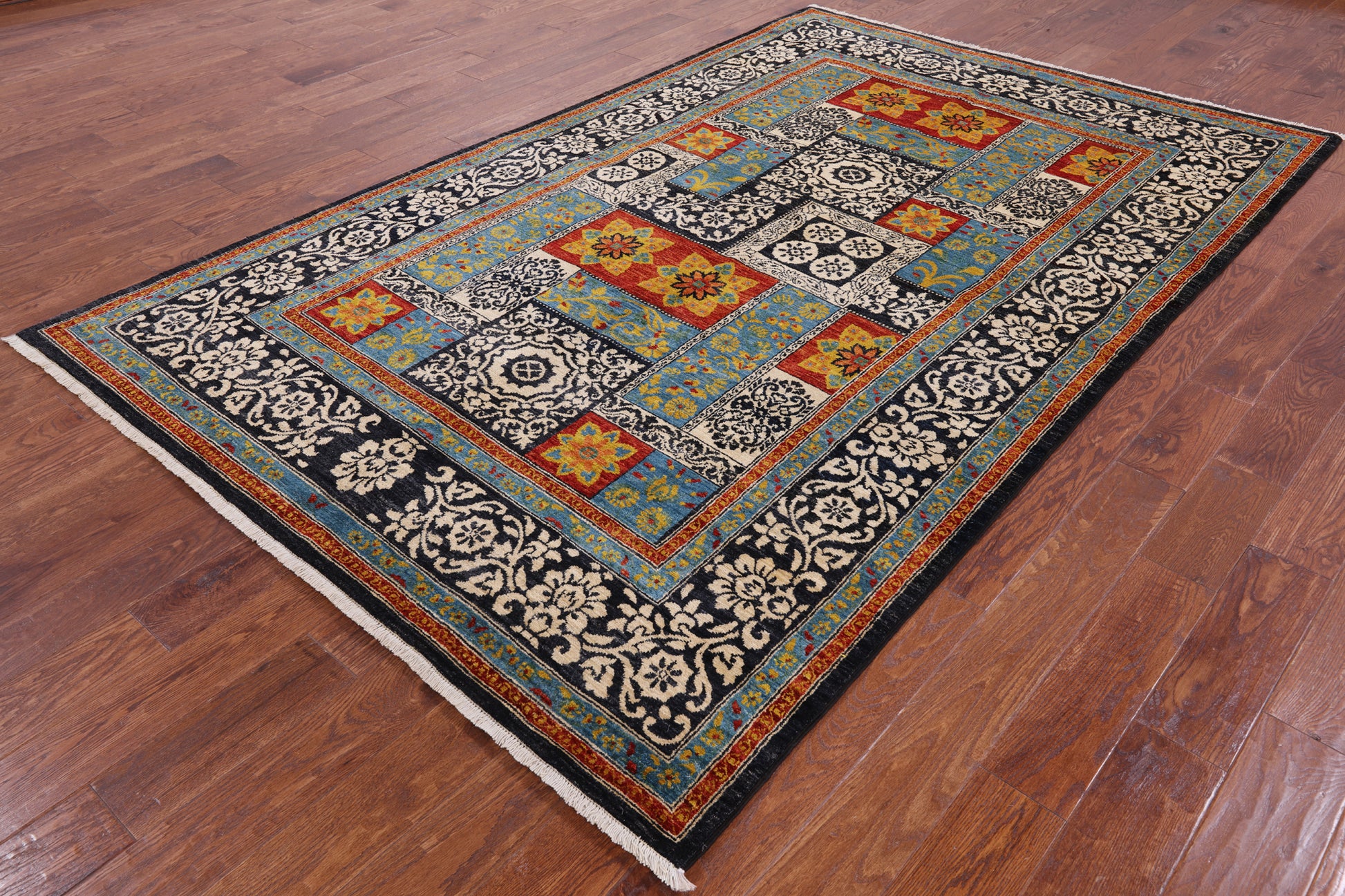 Black William Morris Hand Knotted Wool Area Rug - 6' 0" X 9' 5" - Golden Nile