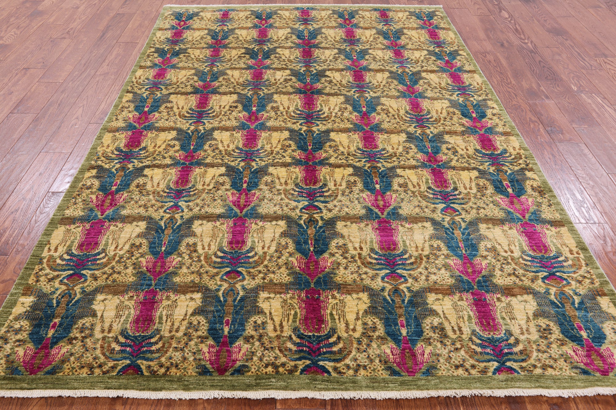 Green William Morris Handmade Wool Area Rug - 6' 0" X 8' 7" - Golden Nile