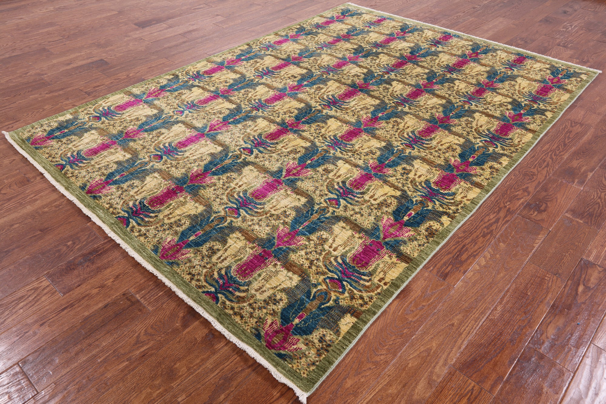 Green William Morris Handmade Wool Area Rug - 6' 0" X 8' 7" - Golden Nile