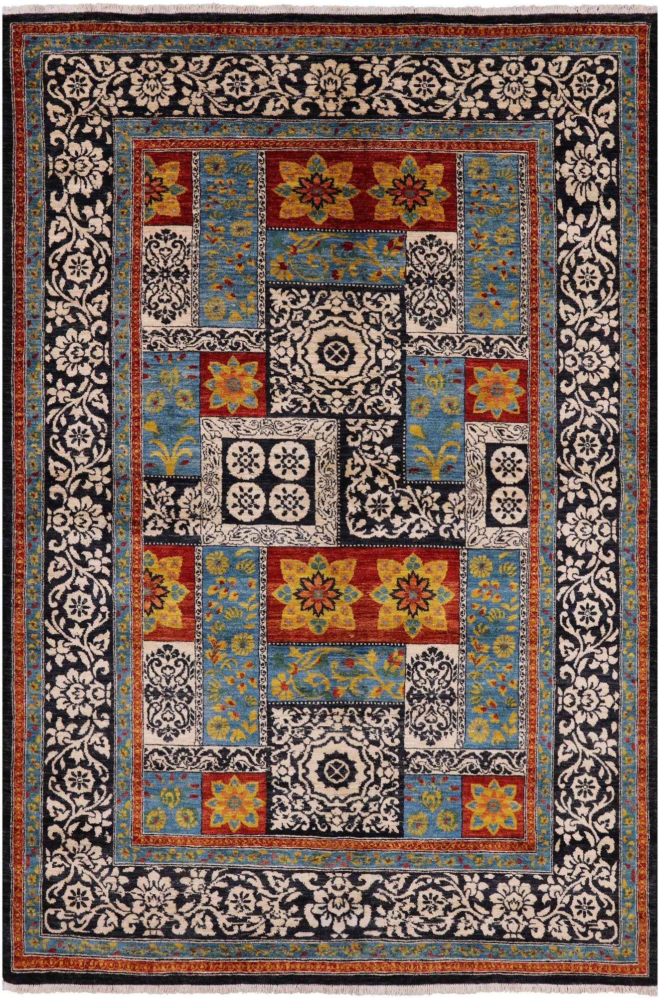 Black William Morris Hand Knotted Wool Area Rug - 6' 2" X 9' 0" - Golden Nile