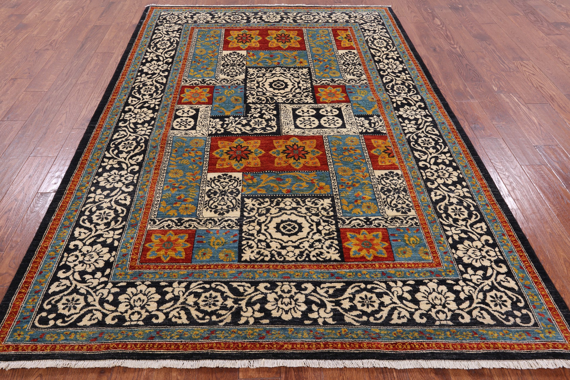 Black William Morris Handmade Wool Area Rug - 6' 1" X 9' 3 - Golden Nile