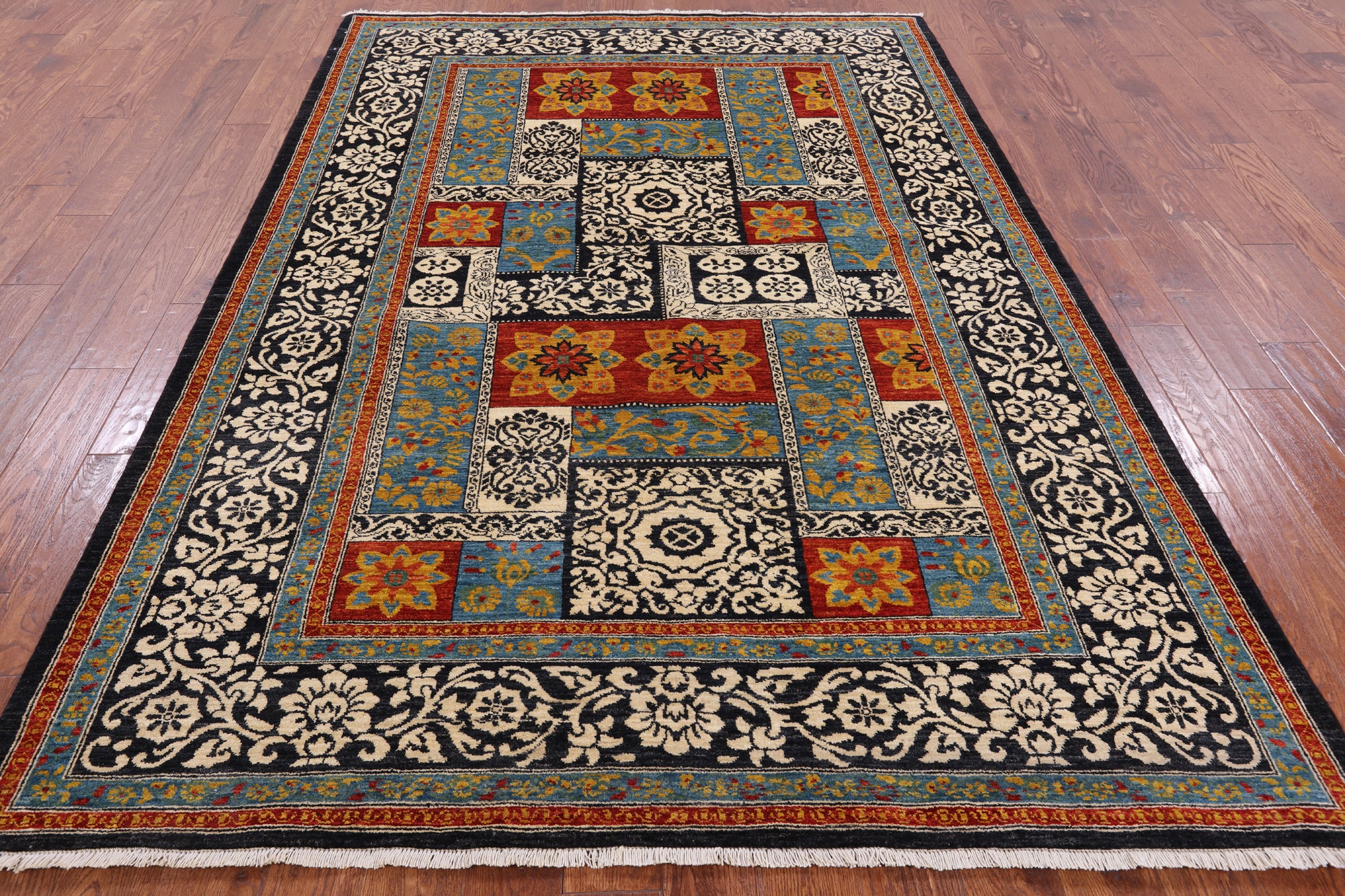 Black William Morris Handmade Wool Area Rug - 6' 1" X 9' 3 - Golden Nile