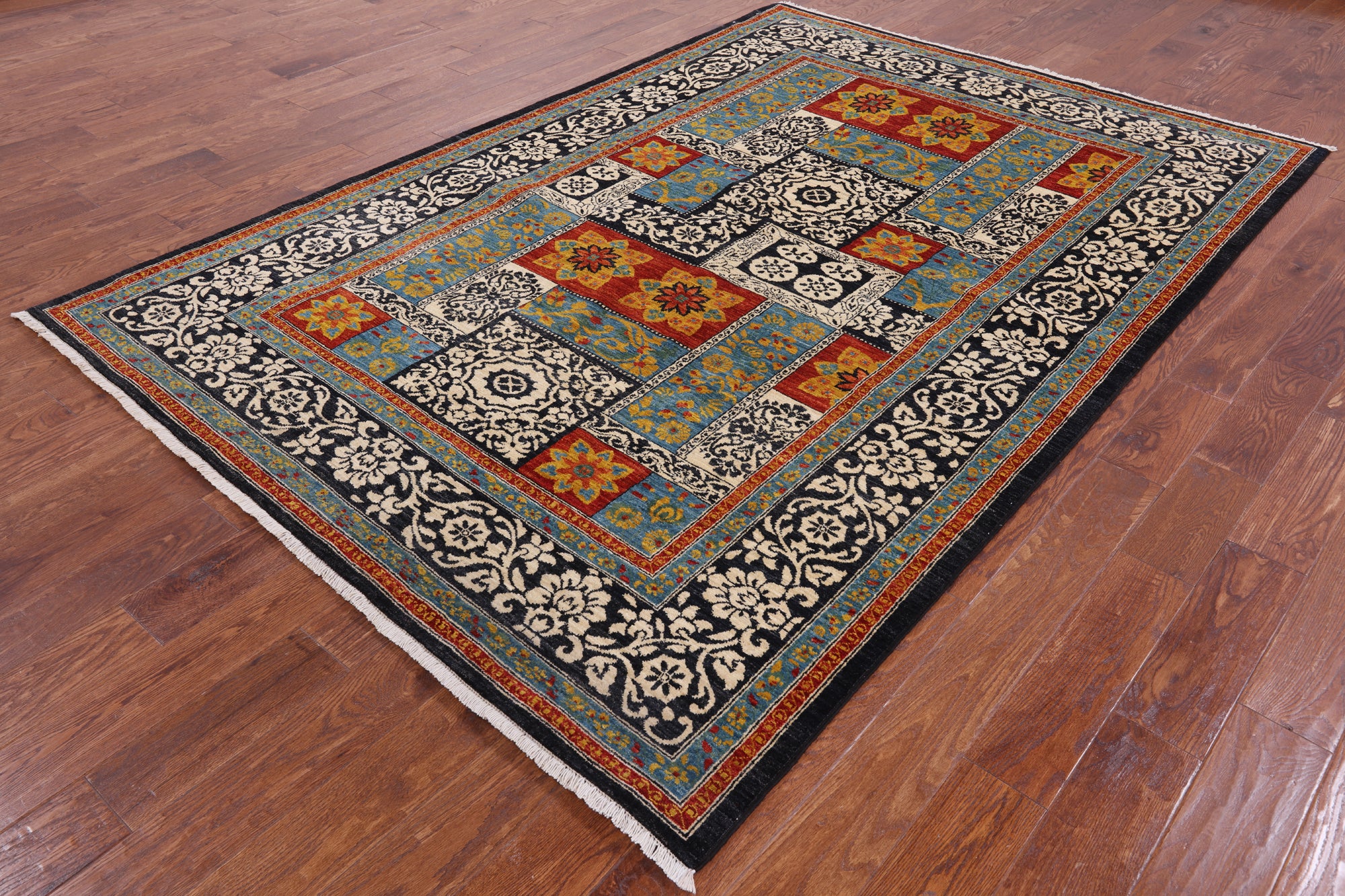Black William Morris Handmade Wool Area Rug - 6' 1" X 9' 3 - Golden Nile