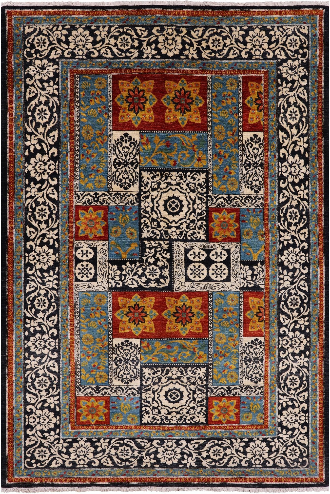 Black William Morris Handmade Wool Area Rug - 6' 1" X 9' 3 - Golden Nile