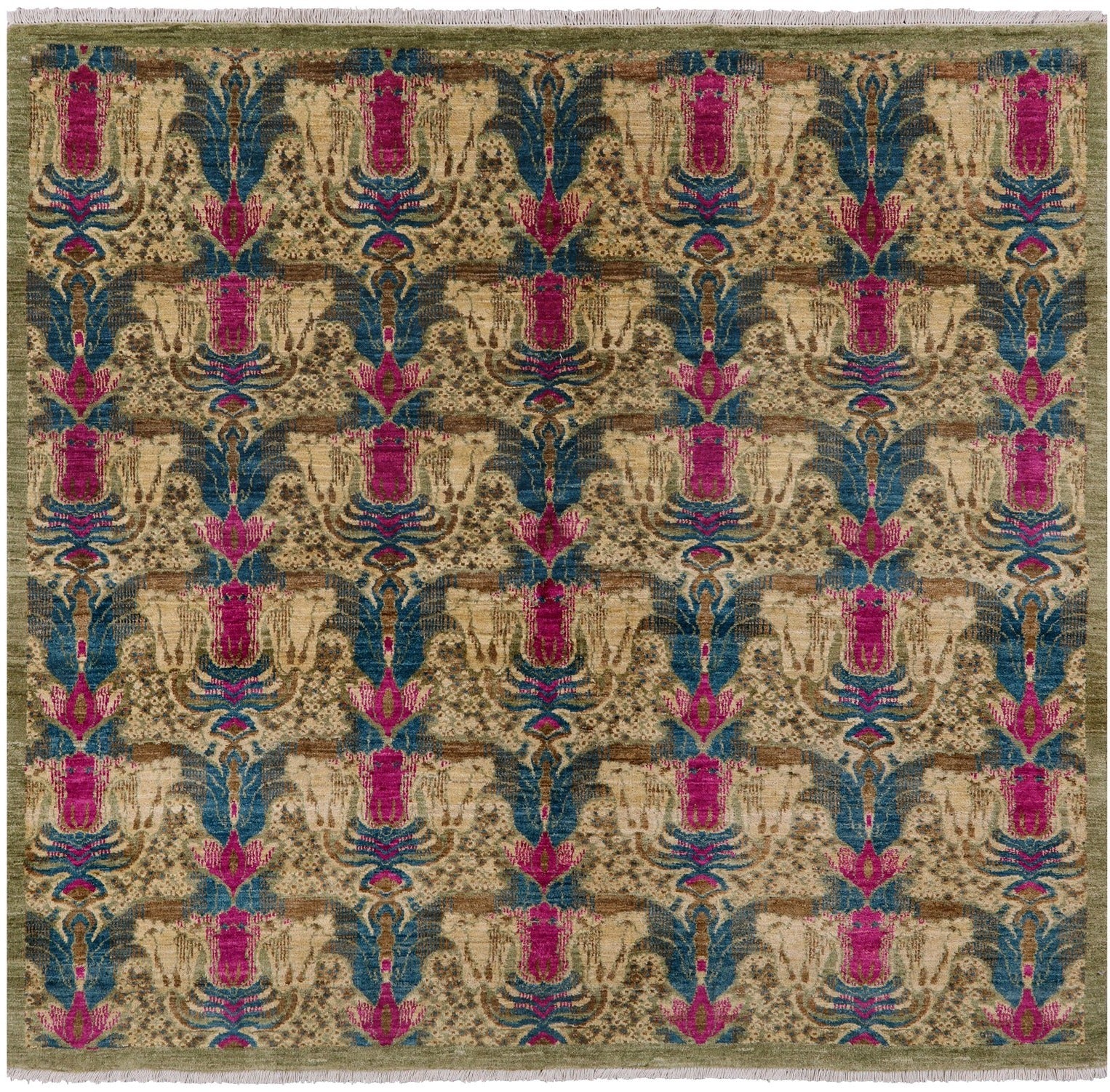 Green Square William Morris Hand Knotted Wool Rug - 5' 7" X 6' 0" - Golden Nile