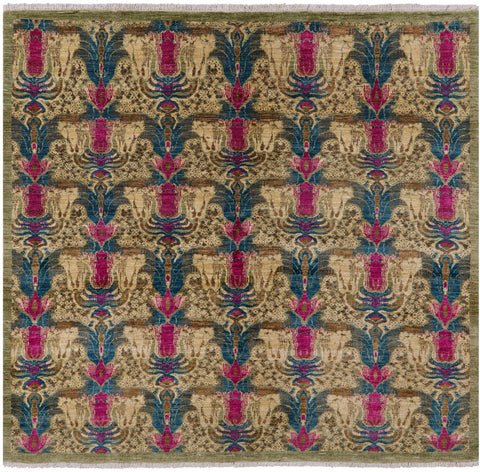 Green Square William Morris Hand Knotted Wool Rug - 5' 7