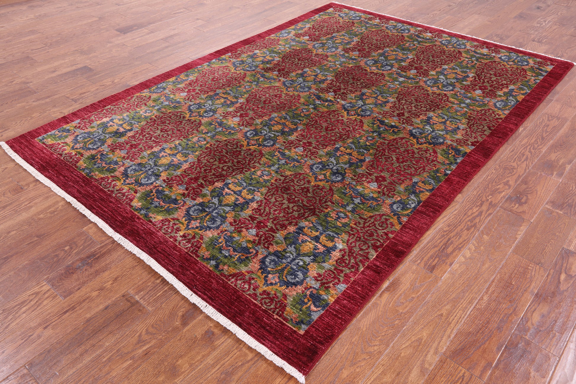 Red William Morris Handmade Wool Rug - 5' 8" X 9' 2" - Golden Nile