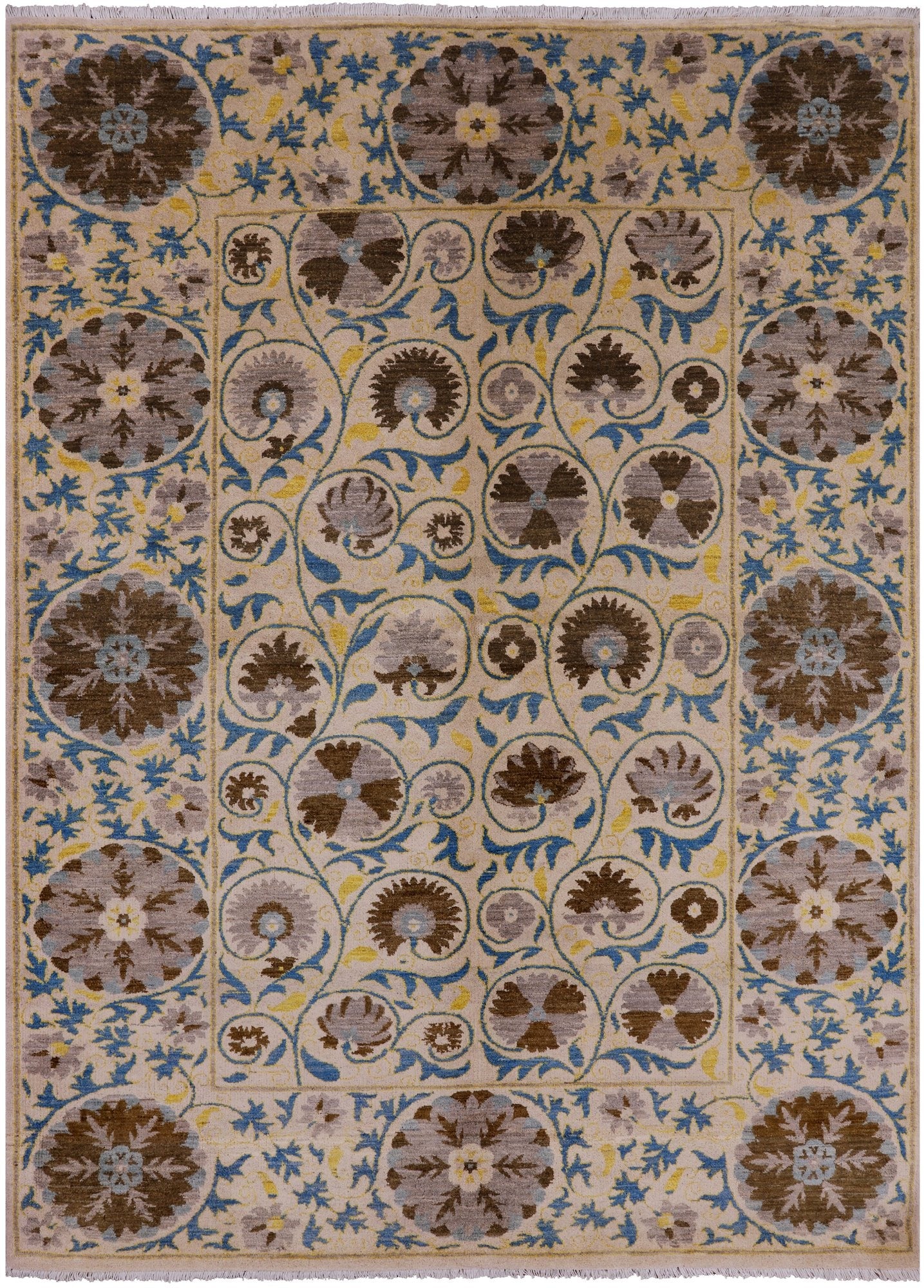 Ivory William Morris Hand Knotted Wool Rug - 6' 3" X 8' 5" - Golden Nile