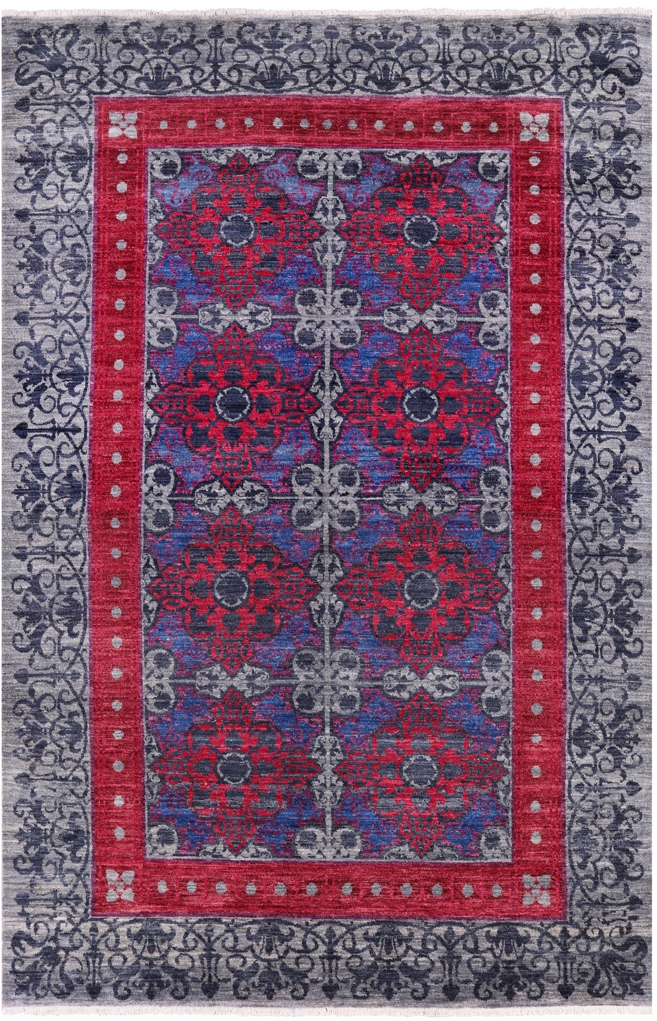 Grey William Morris Hand Knotted Wool Rug - 6' 0" X 9' 1" - Golden Nile