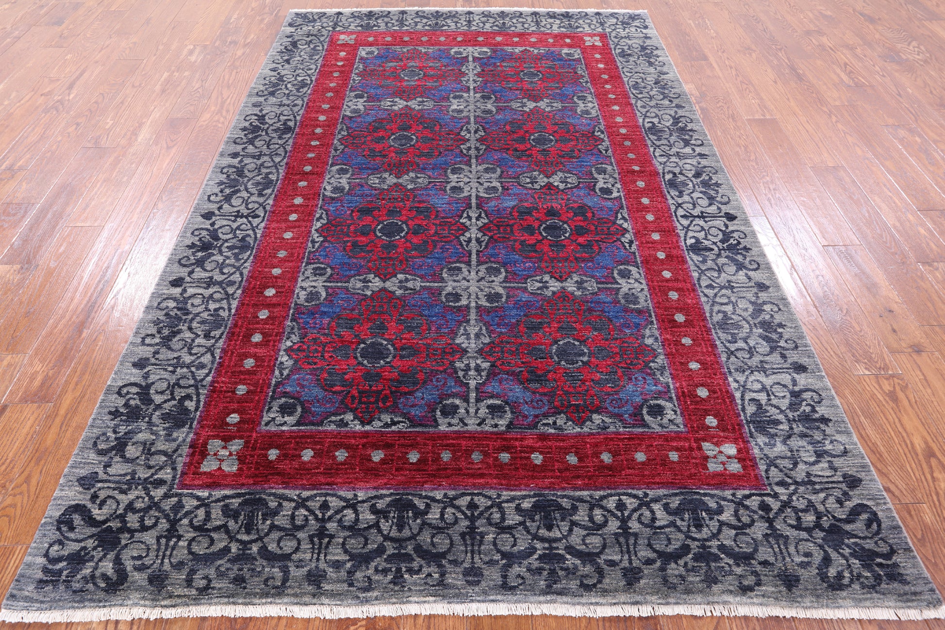 Grey William Morris Hand Knotted Wool Rug - 6' 0" X 9' 1" - Golden Nile