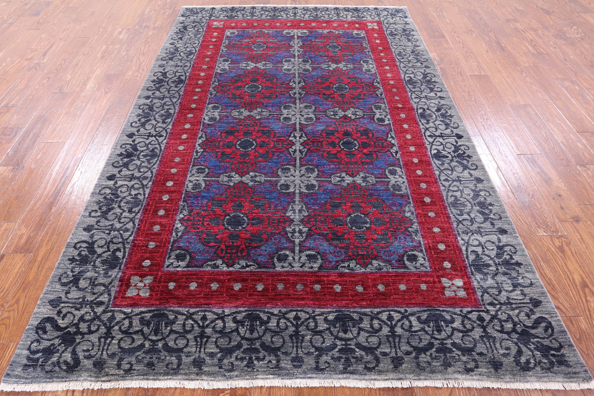 Grey William Morris Hand Knotted Wool Rug - 6' 0" X 9' 1" - Golden Nile