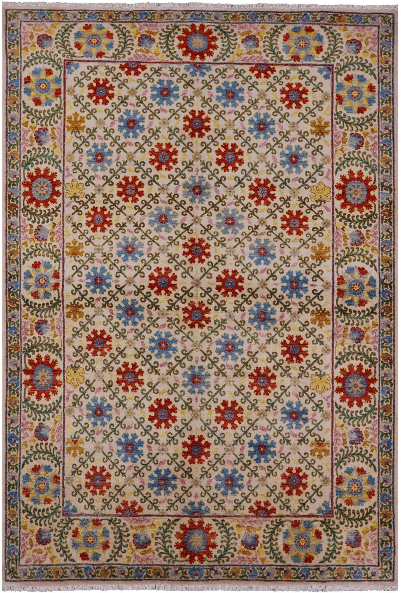 Ivory William Morris Hand Knotted Wool Rug - 5' 11" X 9' 1" - Golden Nile