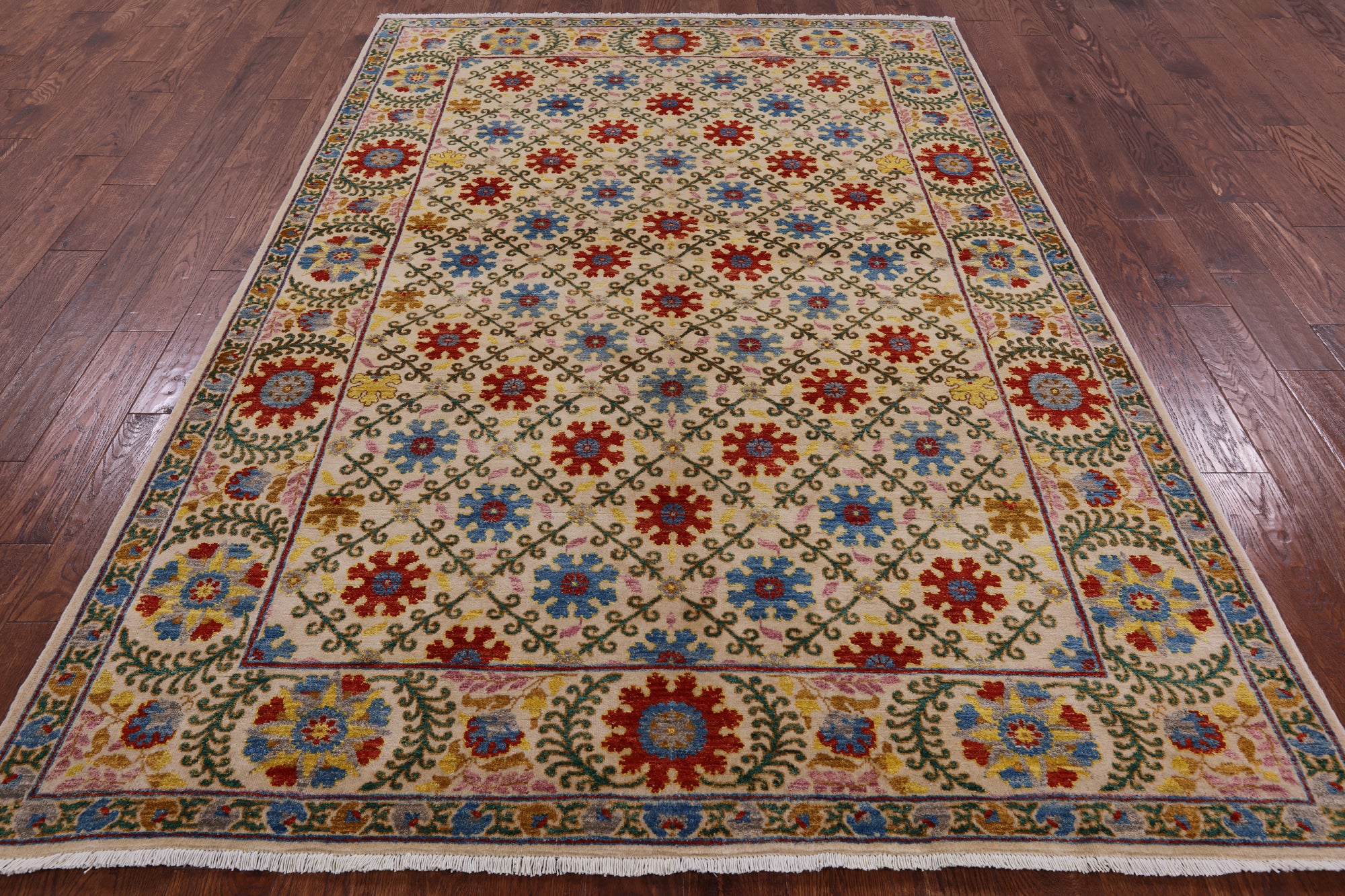 Ivory William Morris Hand Knotted Wool Rug - 5' 11" X 9' 1" - Golden Nile