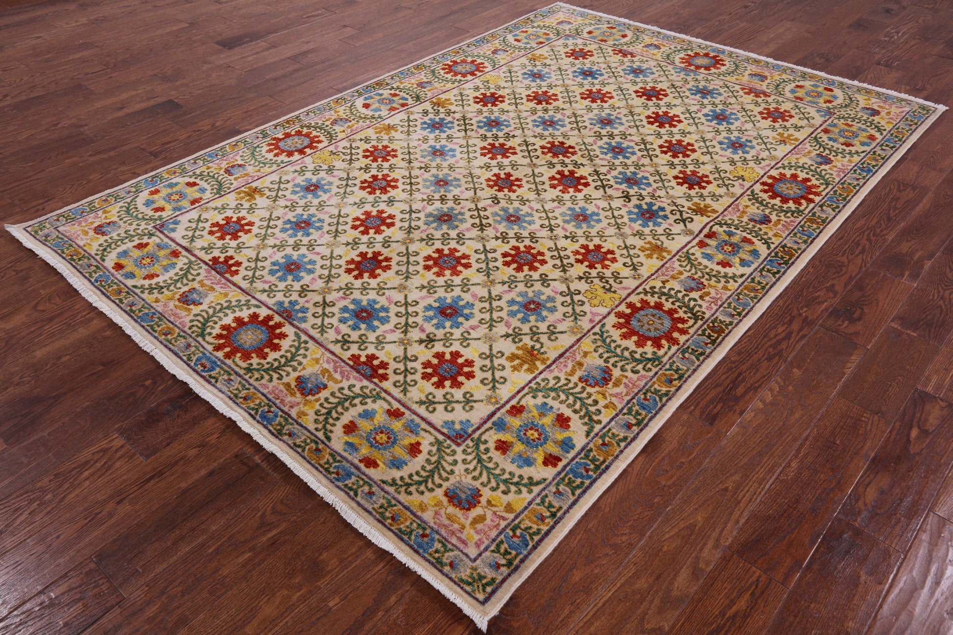 Ivory William Morris Hand Knotted Wool Rug - 5' 11" X 9' 1" - Golden Nile