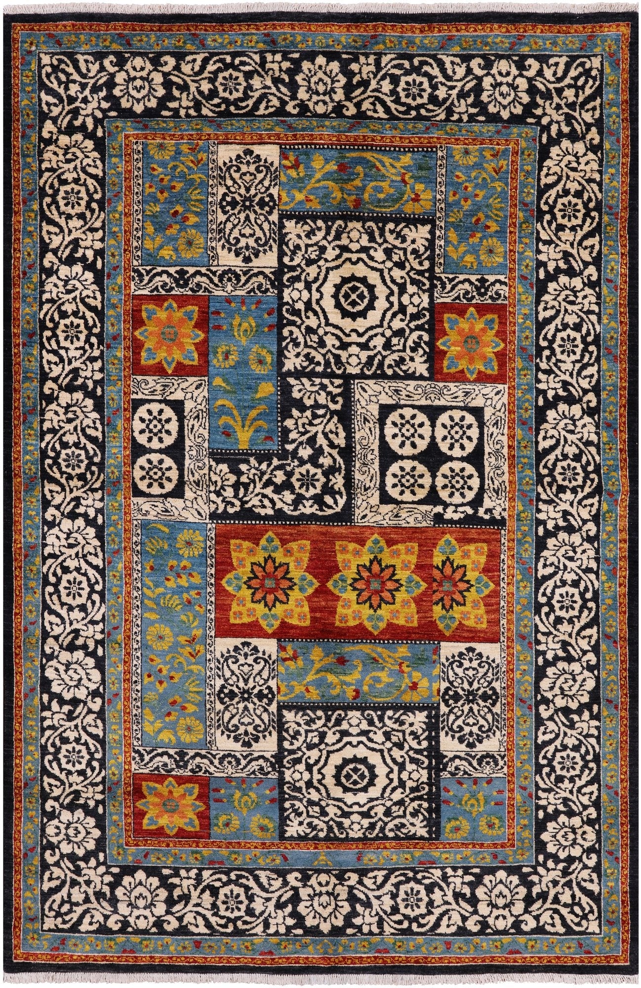 Black William Morris Handmade Wool Area Rug - 5' 2" X 7' 10" - Golden Nile
