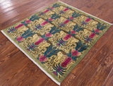 Green Square William Morris Handmade Wool Area Rug - 4' 1" X 4' 1" - Golden Nile