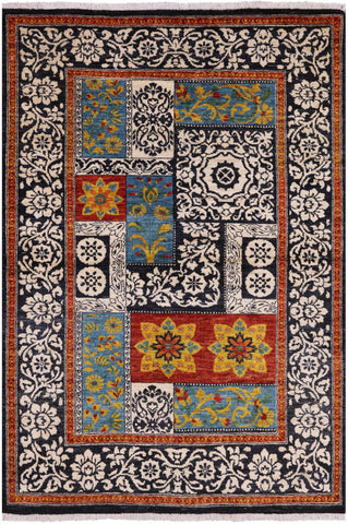 Black William Morris Hand Knotted Wool Area Rug - 4' 2