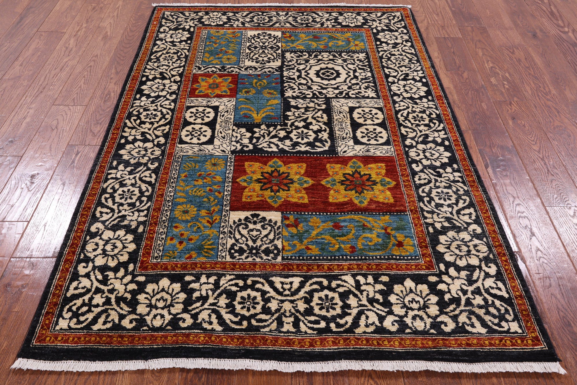 Black William Morris Hand Knotted Wool Area Rug - 4' 2" X 5' 11" - Golden Nile