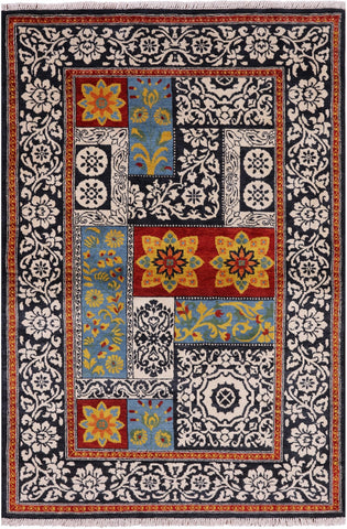 Black William Morris Handmade Wool Area Rug - 4' 1