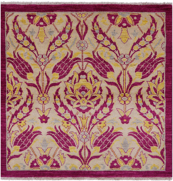 Square William Morris Handmade Wool Area Rug - 4' 2" X 4' 2" - Golden Nile