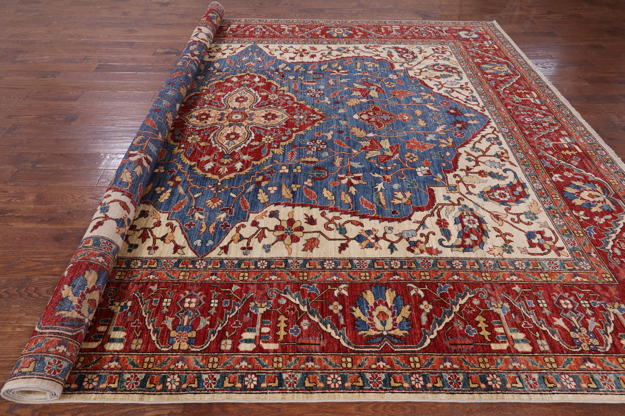 Blue Persian Fine Serapi Hand Knotted Wool Rug - 10' 2" X 13' 1" - Golden Nile