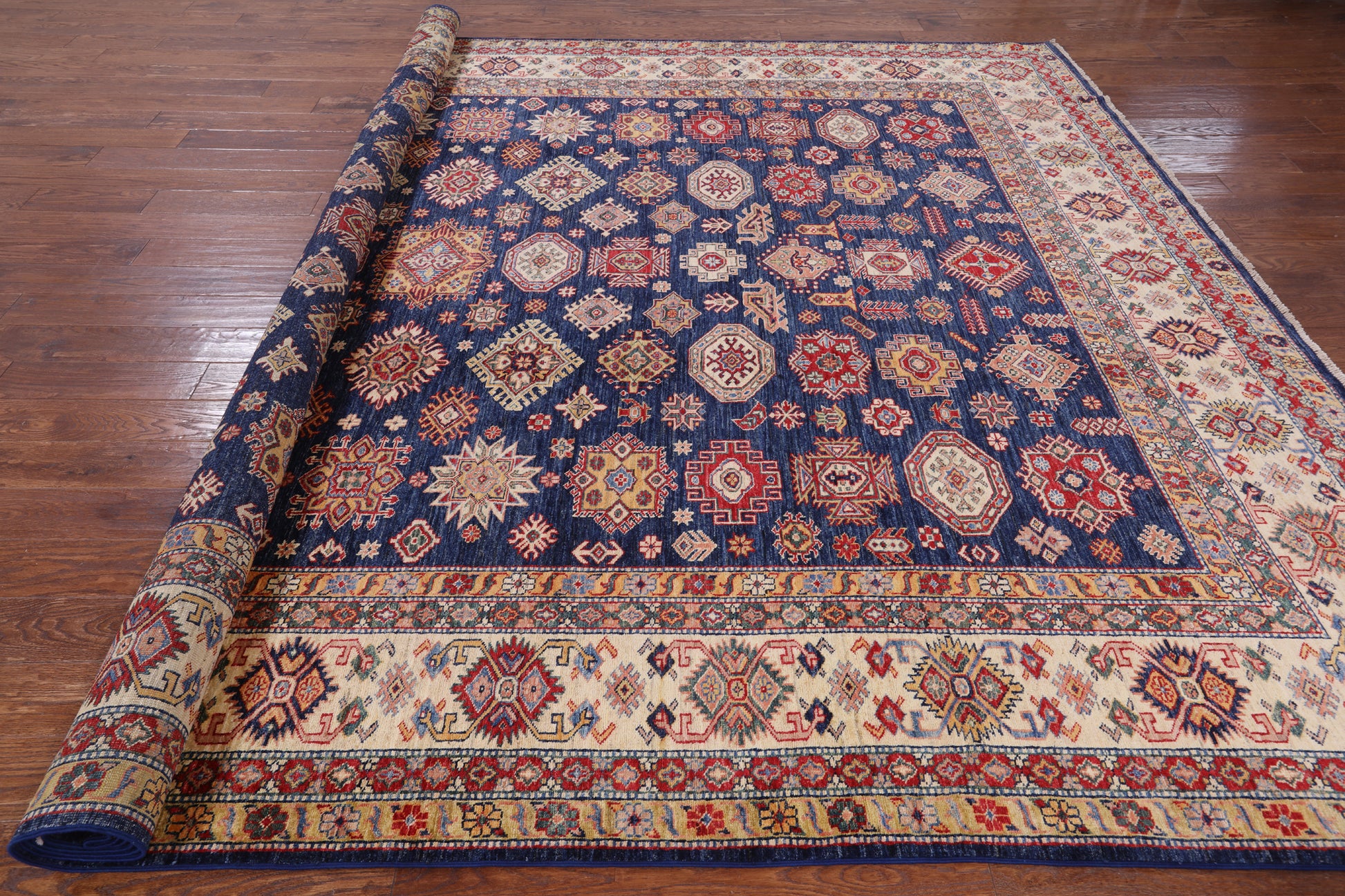 Blue Fine Kazak Hand Knotted Wool Rug - 10' 0" X 13' 4" - Golden Nile