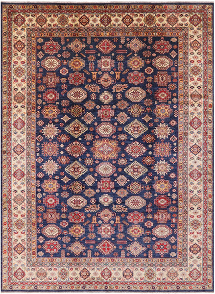 Blue Fine Kazak Hand Knotted Wool Rug - 10' 0" X 13' 4" - Golden Nile
