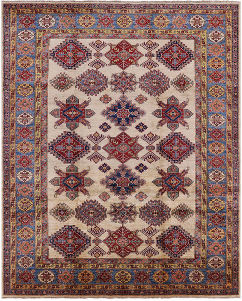 Ivory Super Fine Kazak Handmade Wool Rug - 7' 11" X 9' 10" - Golden Nile