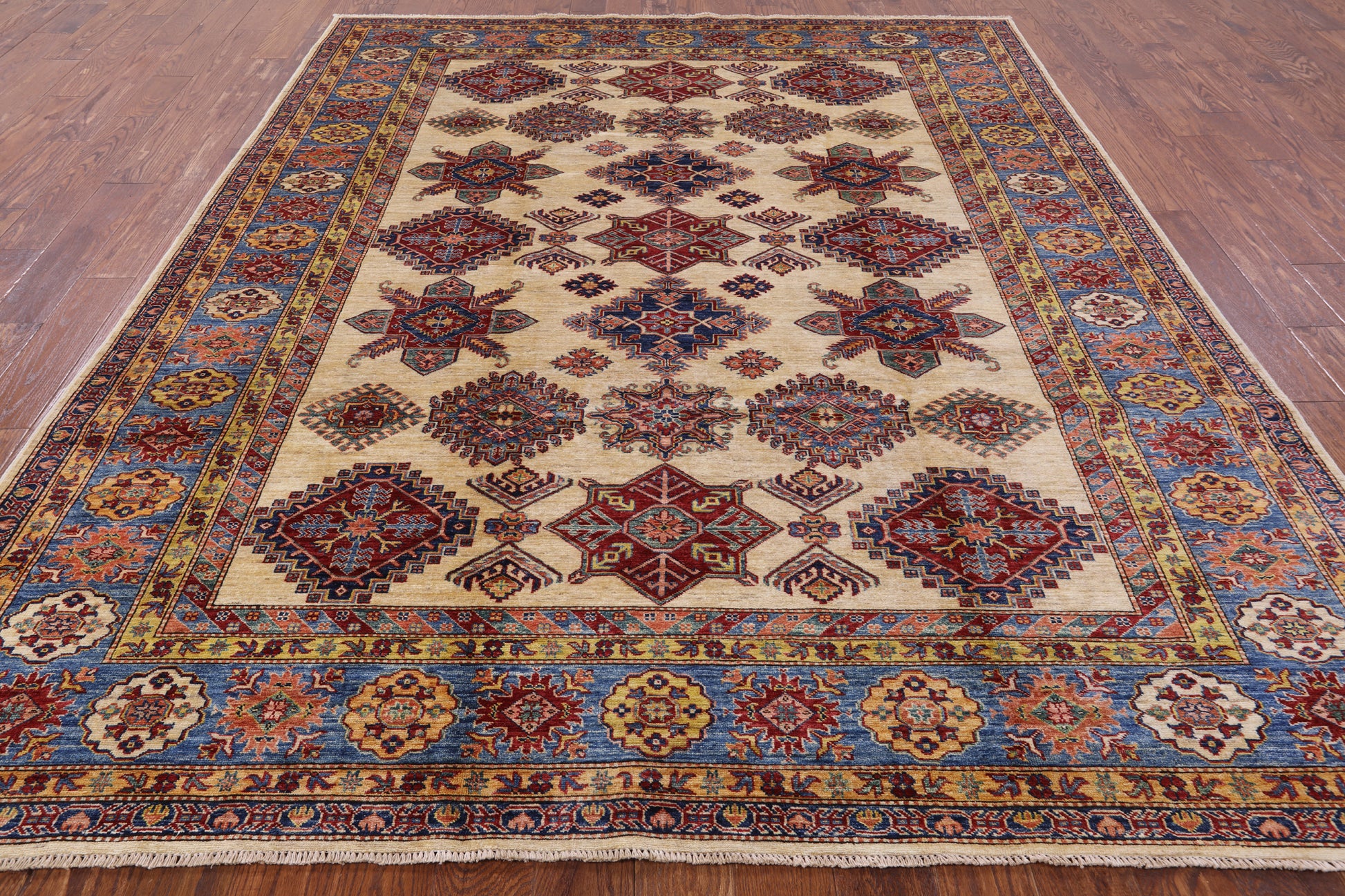 Ivory Super Fine Kazak Handmade Wool Rug - 7' 11" X 9' 10" - Golden Nile