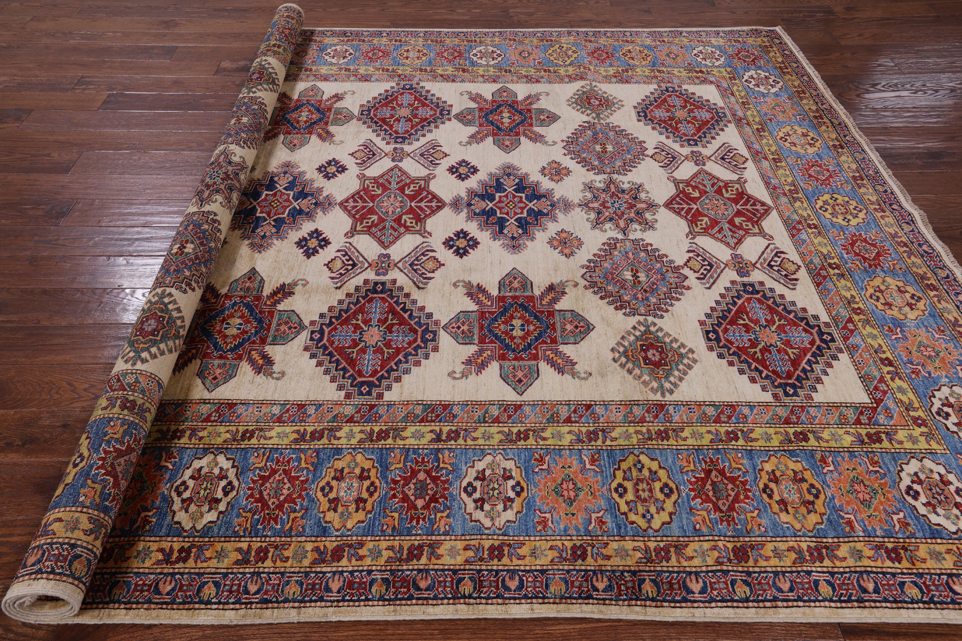 Ivory Super Fine Kazak Handmade Wool Rug - 7' 11" X 9' 10" - Golden Nile