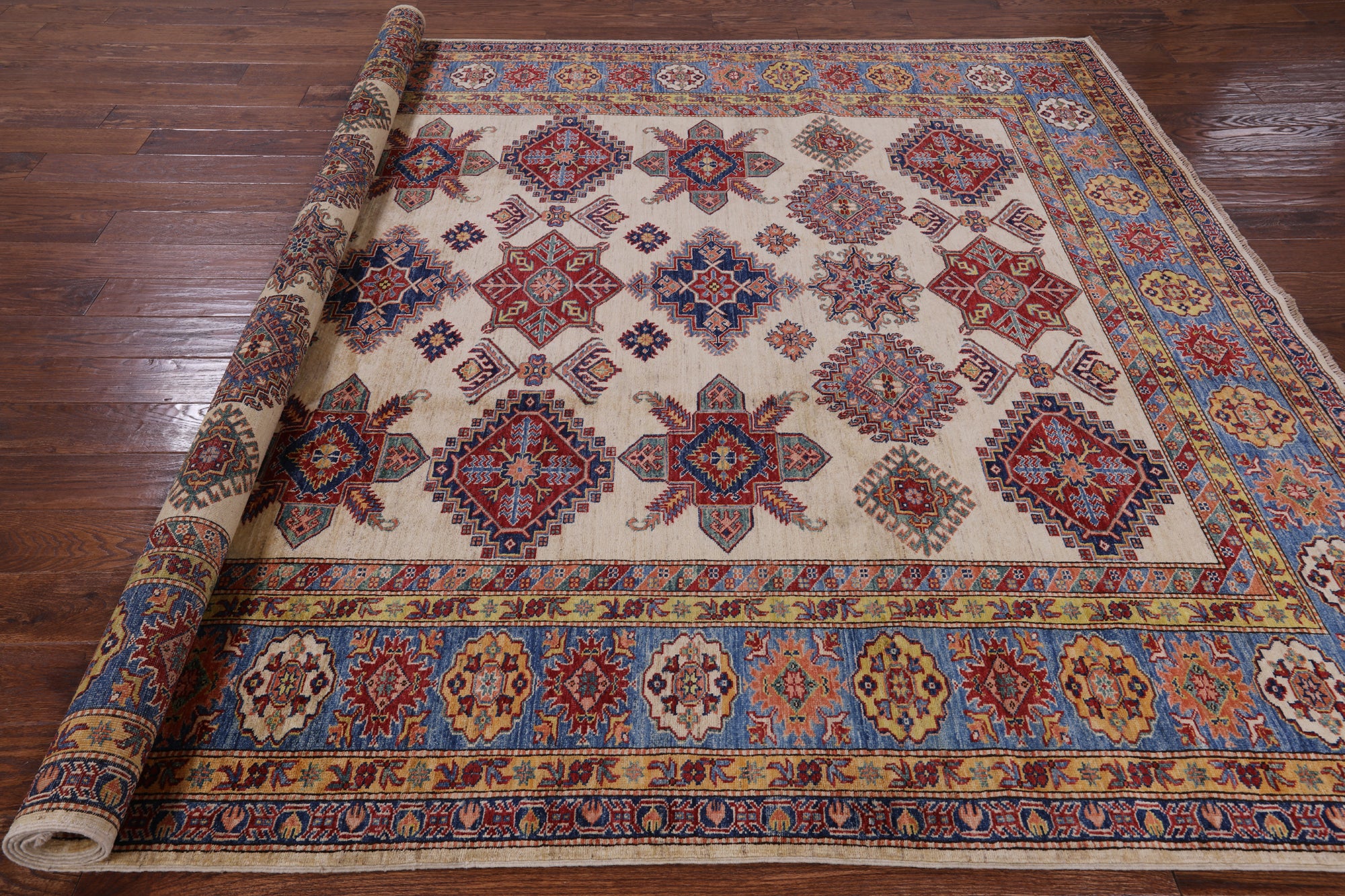 Ivory Super Fine Kazak Handmade Wool Rug - 7' 11" X 9' 10" - Golden Nile