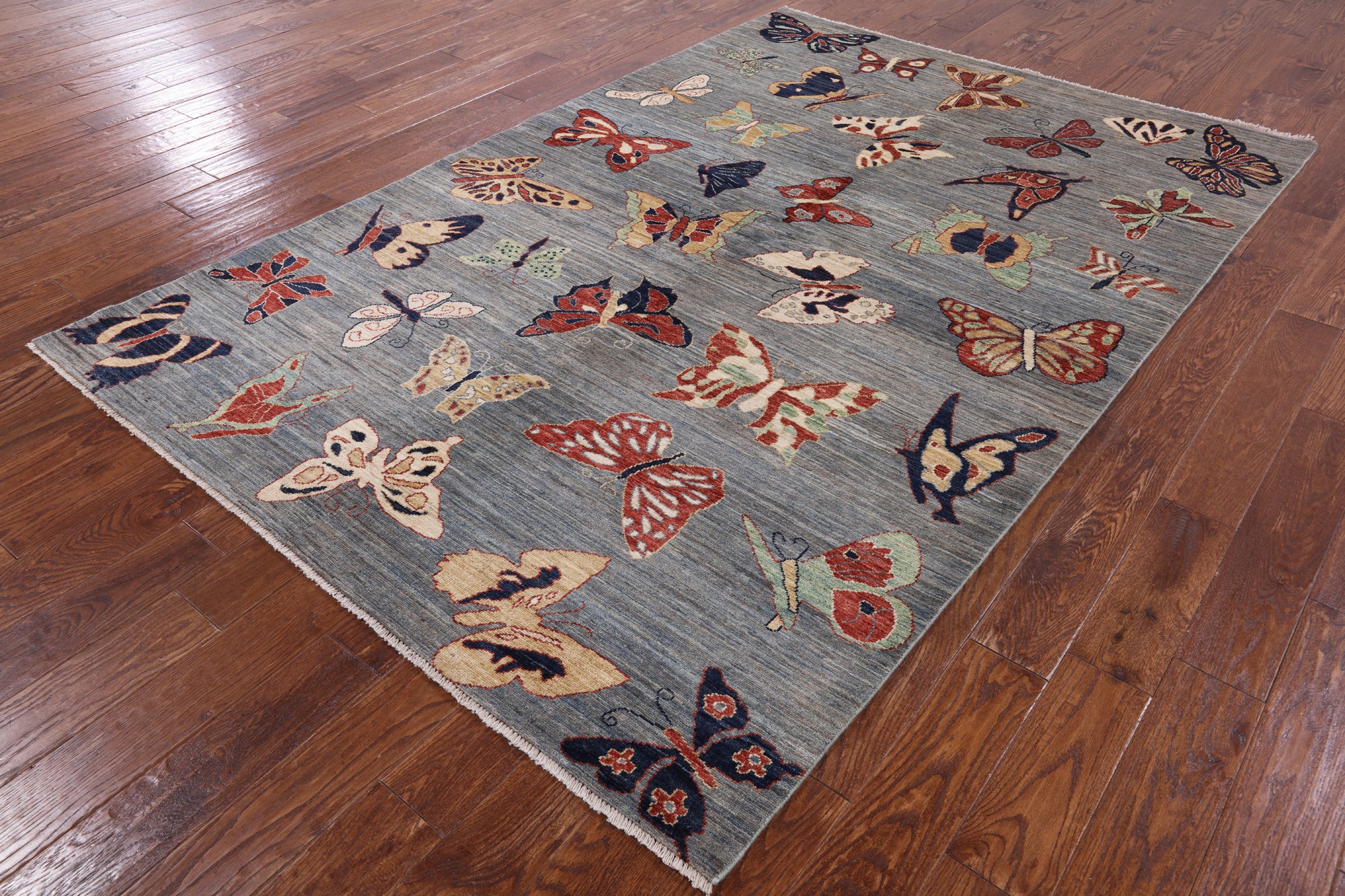 Grey Butterflies Design Modern Handmade Wool Rug - 5' 10" X 8' 9" - Golden Nile