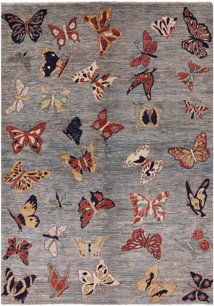 Grey Butterflies Design Modern Hand-Knotted Wool Rug - 6' 0" X 8' 7" - Golden Nile